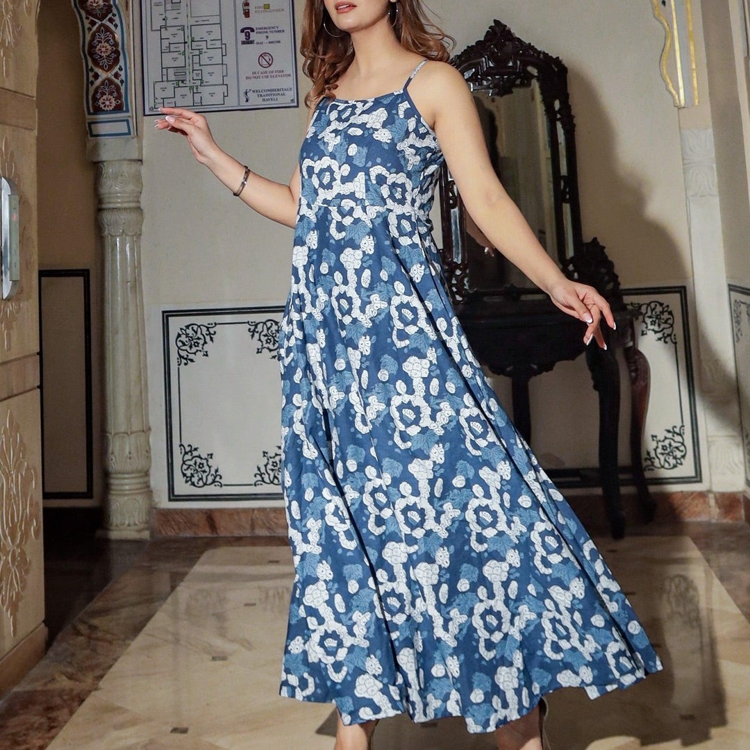 Premium Blue Floral Print Cotton Fabric Flared Dress for Women | Flowy Midi Dres
