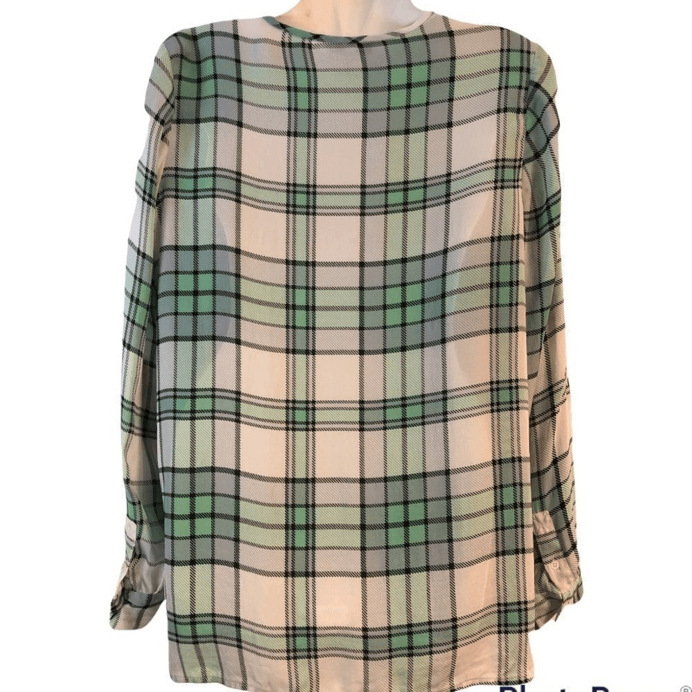 Joie blouse plaid silk long tabbed sleeve button front rounded neckline Small