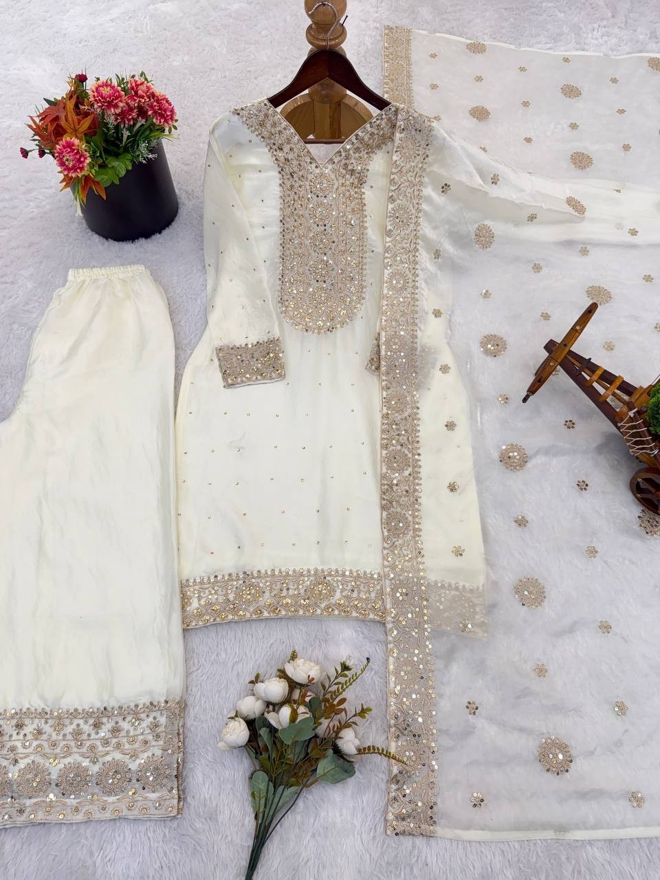 New Presenting Silk White Top Palazzo With Dupatta For Festival Wear