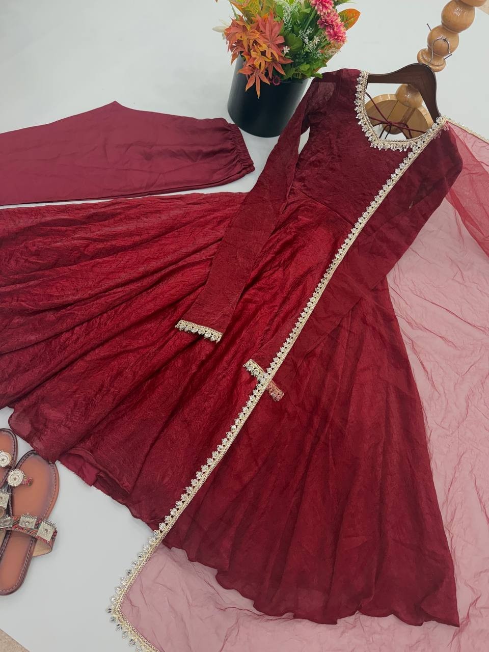 Indian Style Doremon Crush Gown Bottom With Dupatta For Wedding Wear