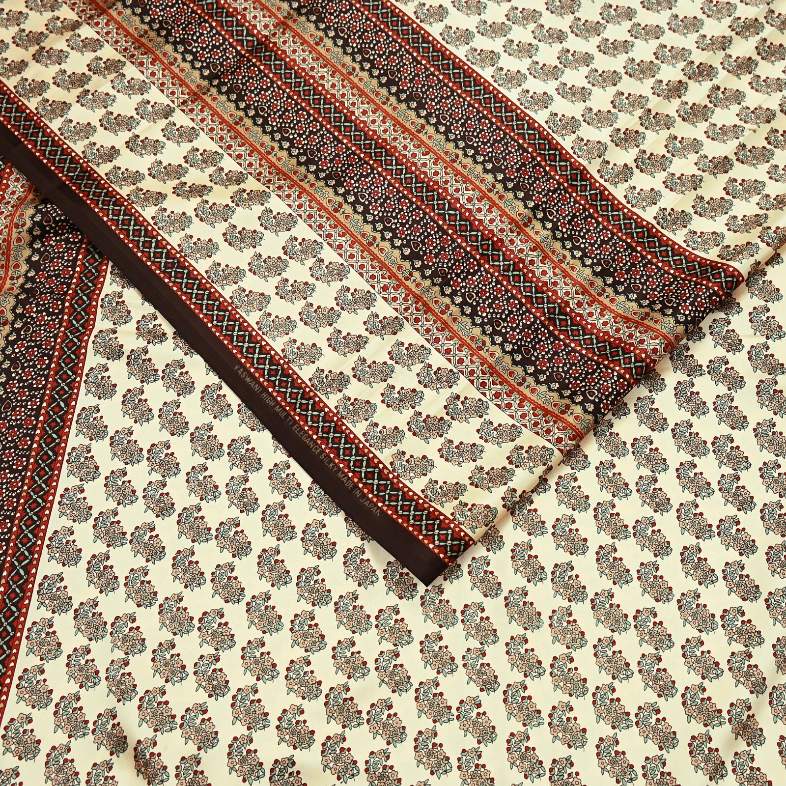 Indian Vintage Saree Beige Satin Printed Sari 5yd Sewing Floral Soft Craft Fabri