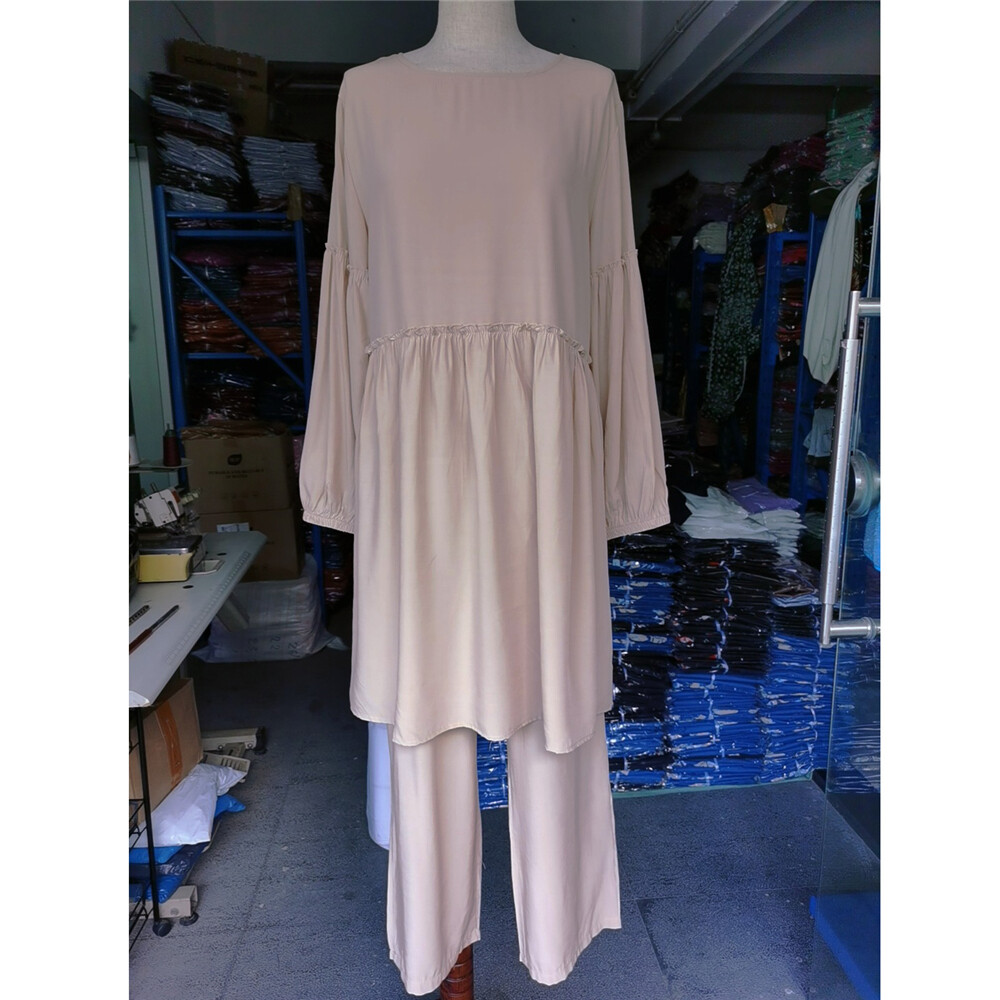 Muslim Blouse Pant Two Piece Set Women Long Sleeve Robe Abaya Islamic Dress Arab