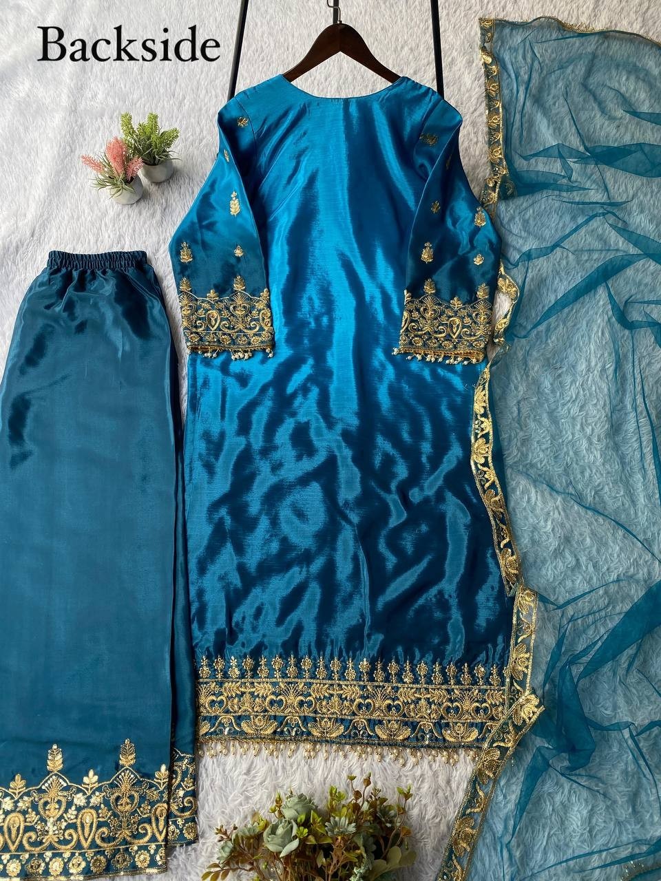 Attractive Designer Chinnon Silk Kurta Palazzo With Net Dupatta For Women