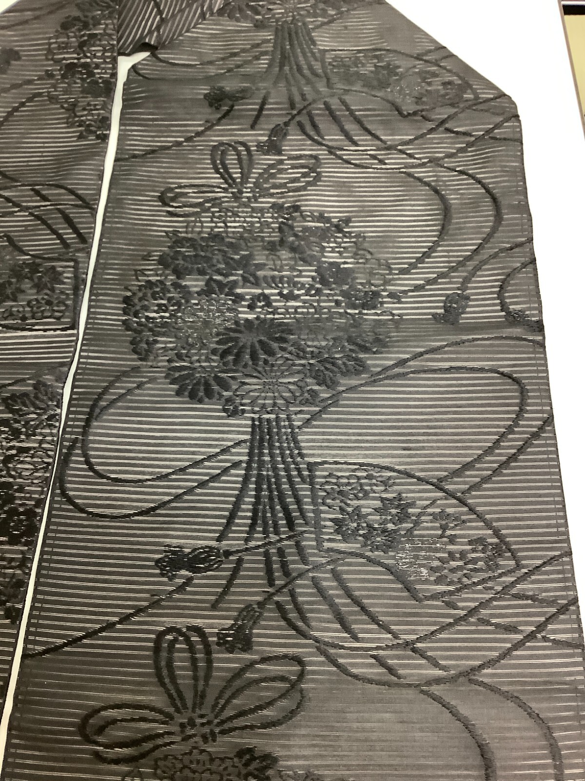 Japanese Vintage Kimono Nagoya Obi pure silk black flower expensive 122×11.8inch