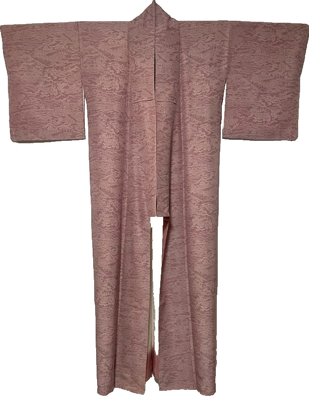 Japanese Kimono Edo Komon Pure Silk Pink Landscape Scenic Vintage Excellent XS