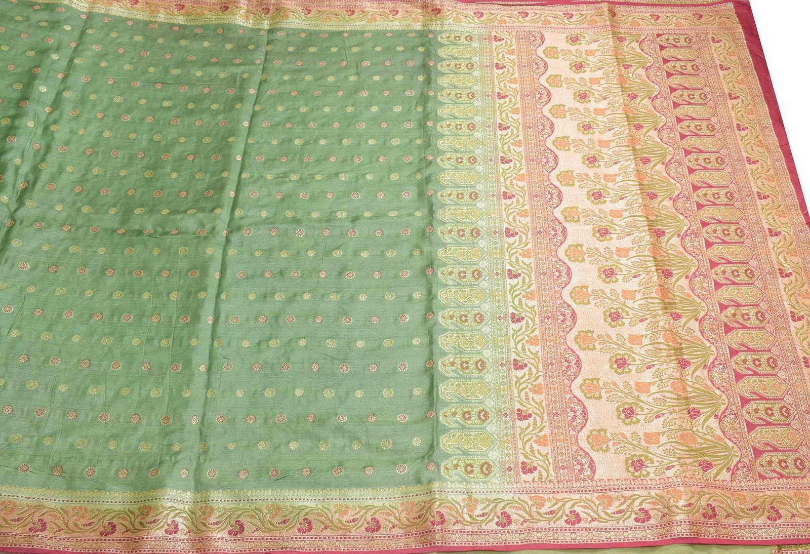 Sushila Vintage Green Floral Saree Pure Tussar Silk Woven Sari Craft Fabric