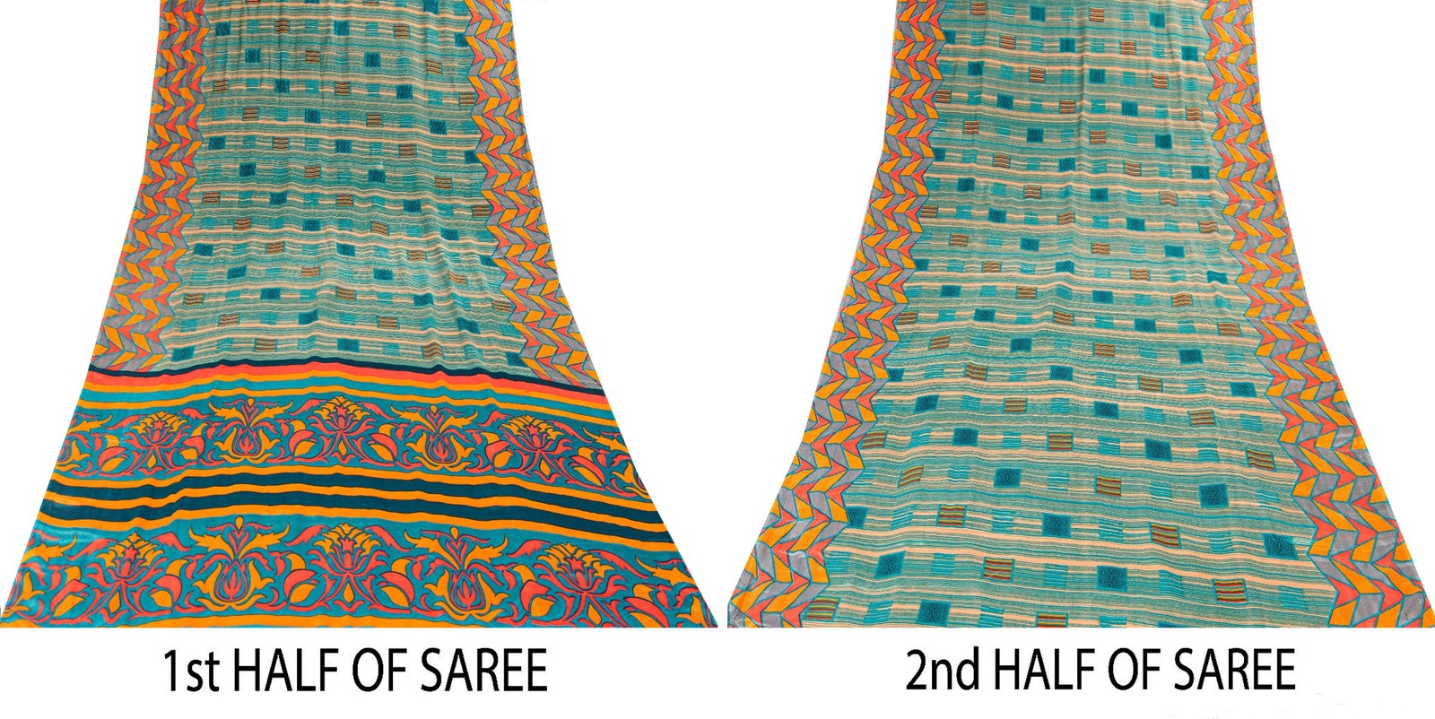 Sanskriti Vintage Blue Moss Crepe Sarees Floral Printed Indian 5+Yd Craft Fabric