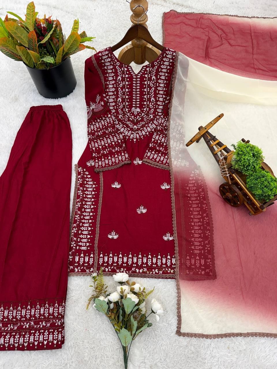 New Launch Rayon Cotton Maroon Salwar Kameez With Dupatta For Indian Party Wear