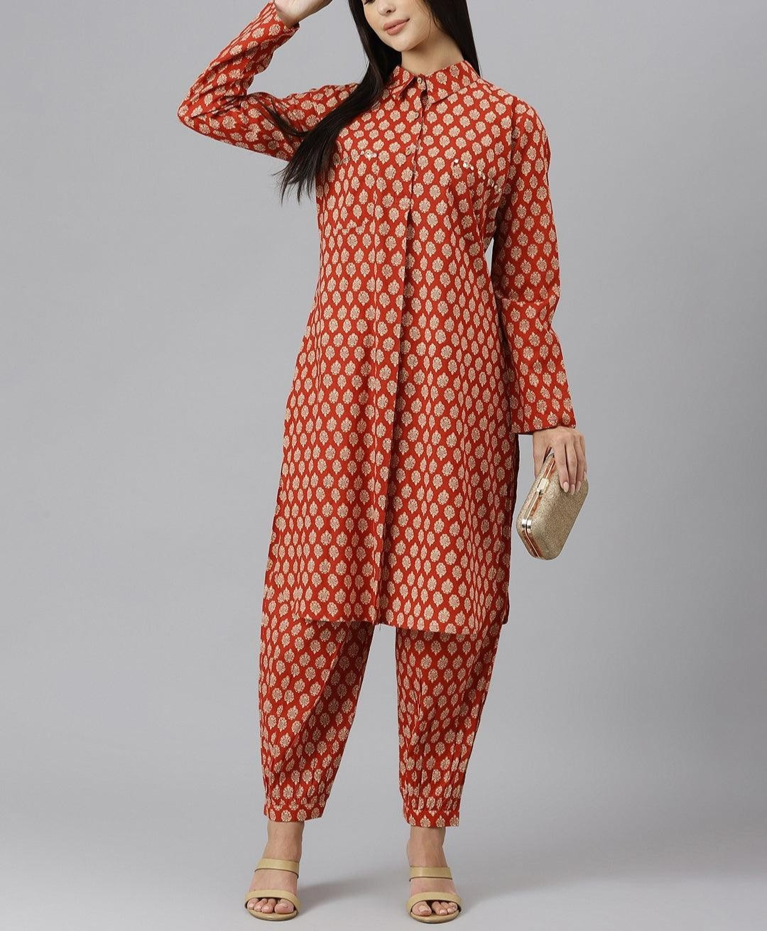 Women’s Maroon Cotton Co-Ord Set Shirt Style Kurta & Cuffed Pants, Daily Wear