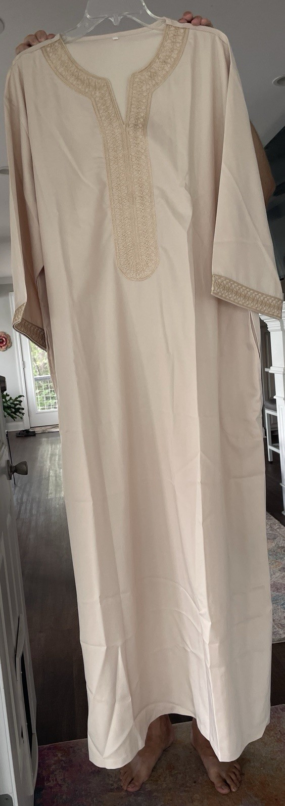 Beige & Gold Cotton Woven Kaftan Robe w/ Embroidery, One Size Unisex Adult