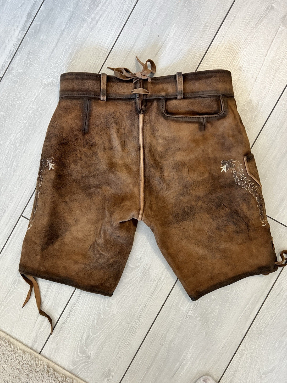 Trachten Rebell Men’s Brown Leather Lederhosen Embroidered Traditional Size 44