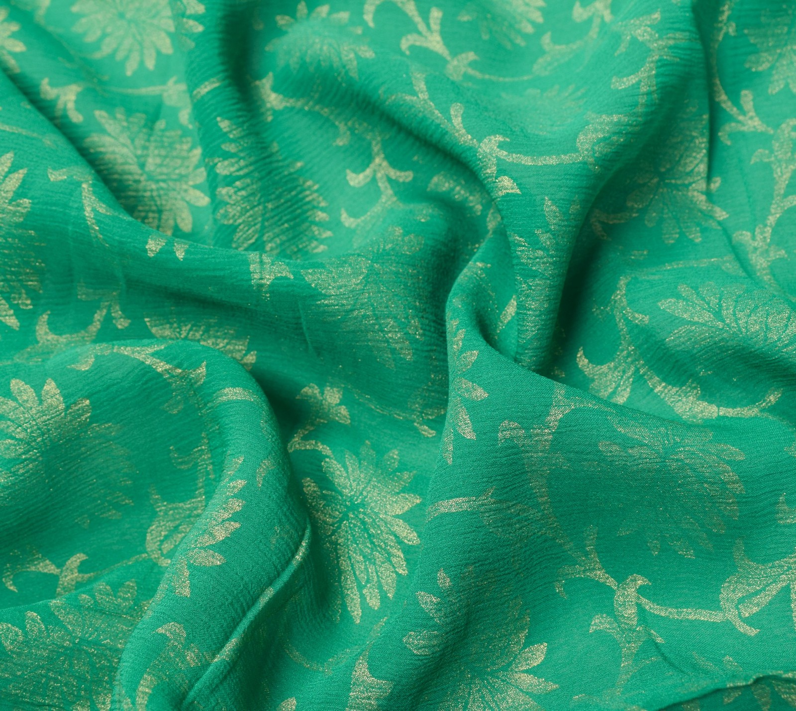 Sushila Vintage Floral Saree with PatchWork Border Teal Green Pure Chiffon Sari