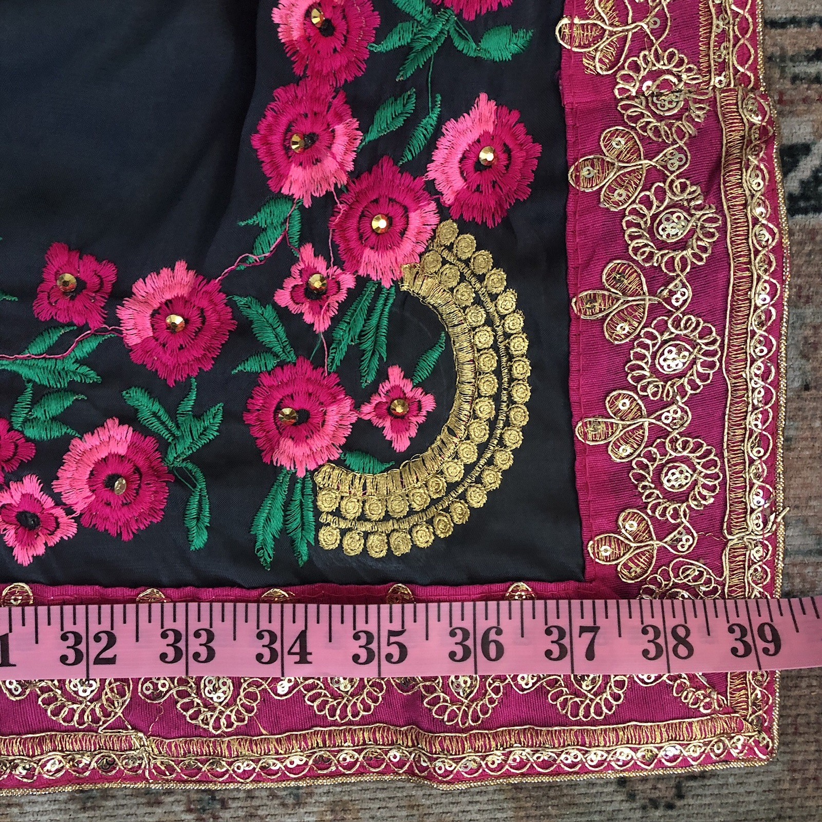 Saree Sari Metallic Sequined Embroidered Floral Scarf Gray Pink ￼Costume 5 Yd