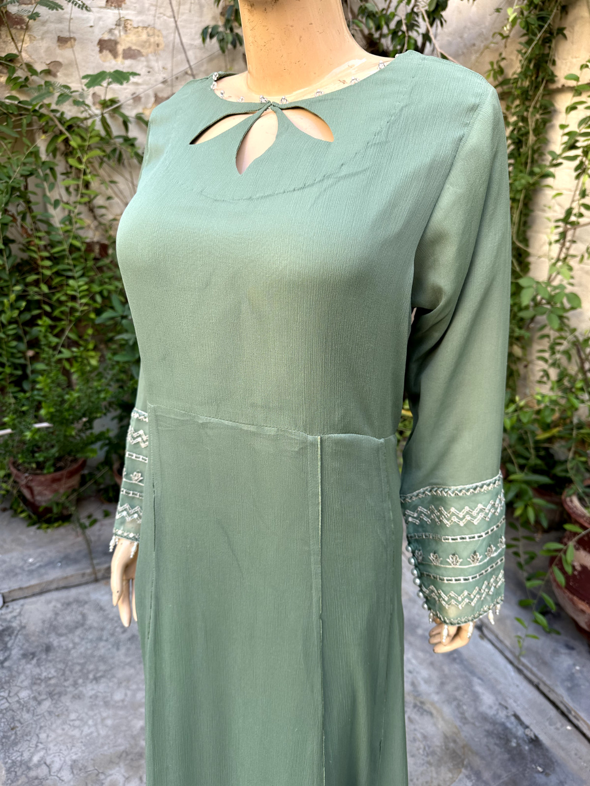 Pakistani Sage Green Long Style Embroidered Sequins fancy Chiffon Dress,XL