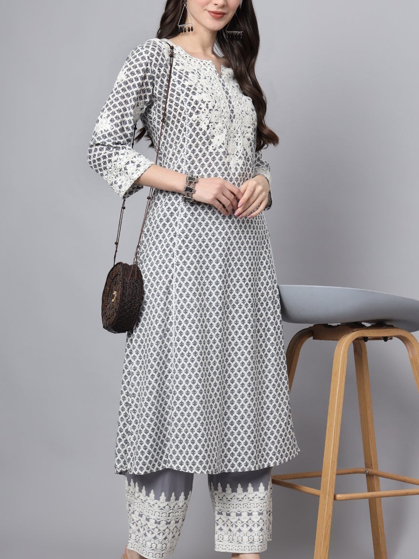 White Motif Print Rayon Kurta Palazzo Set for Women Plus Size XS-7XL