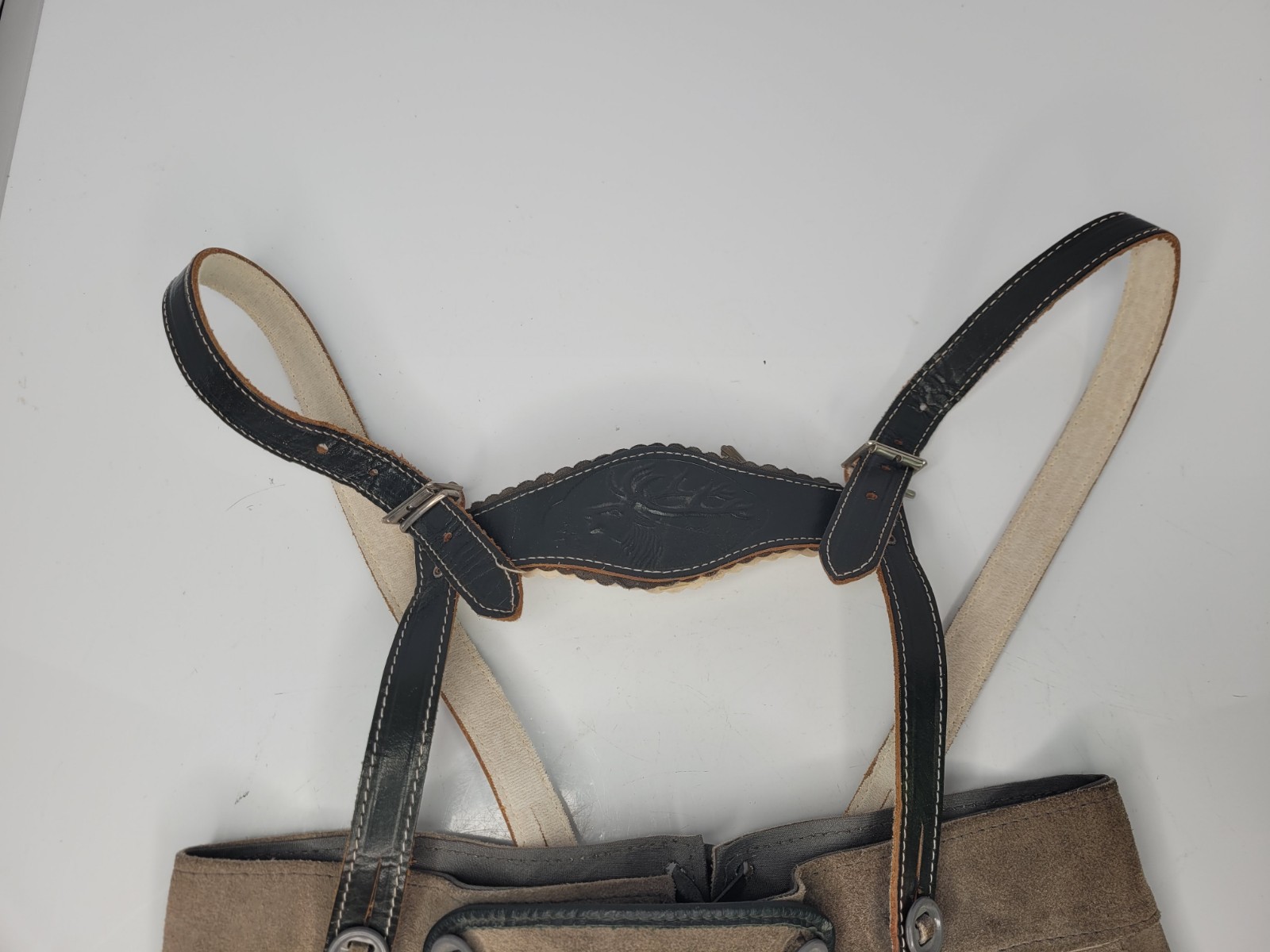 Vintage Youth Kids Lederhosen Short Suspenders Grey Red & Brown Leather Trim