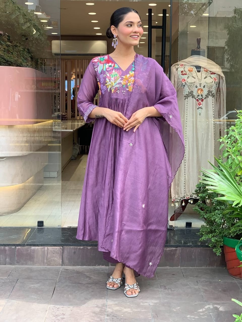 Fully Stitched Purple Kurta Palazzo With Dupatta Set, Readymade Salwar Kameez