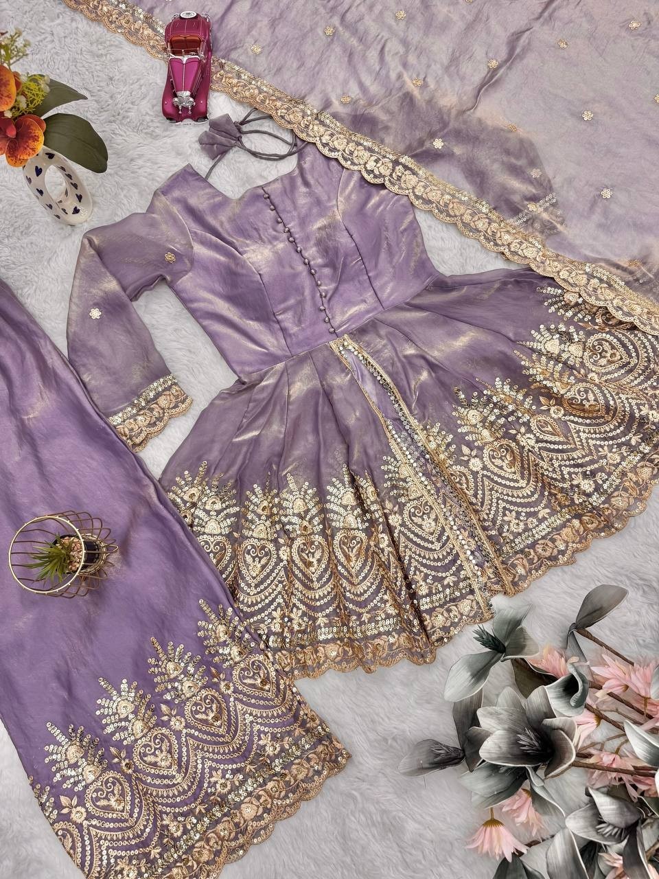 Dusty Lilac Palazzo Suit Set Real Mirror Embroidered Peplum Tunic Trouser Pair