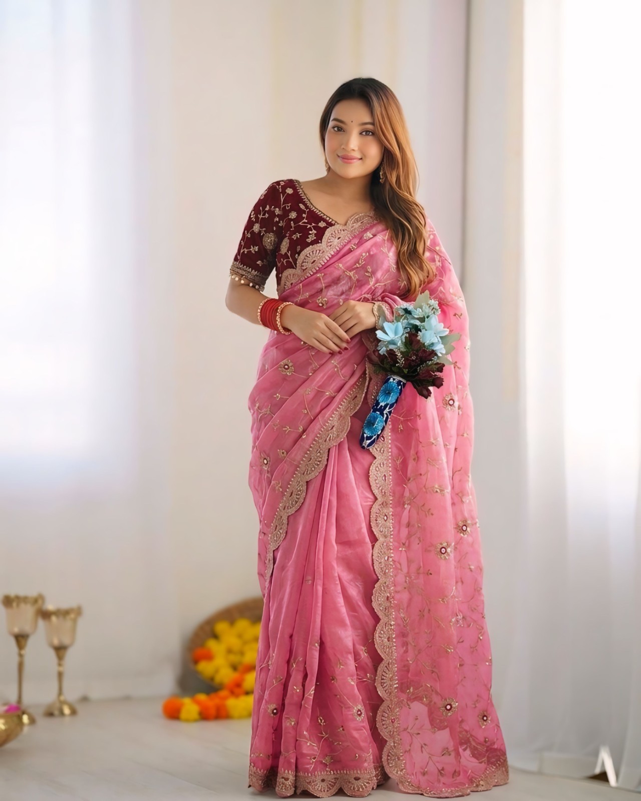 Cherry Red & Baby Pink Organza Saree With Designer Embroidered Blouse