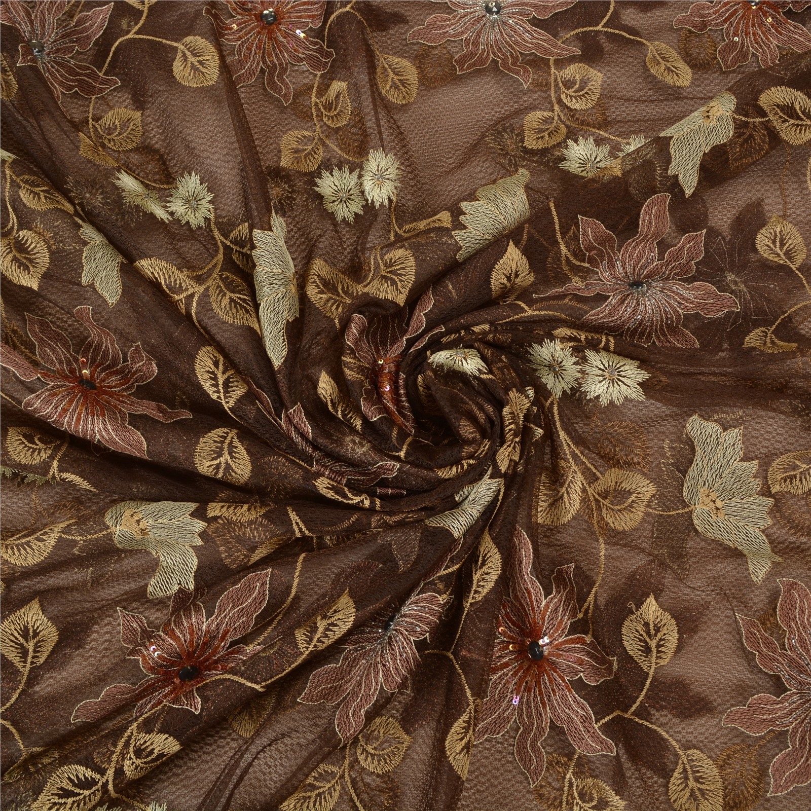 Sanskriti Vintage Brown Indian Sarees Net Mesh Embroidered Party Sari Fabric