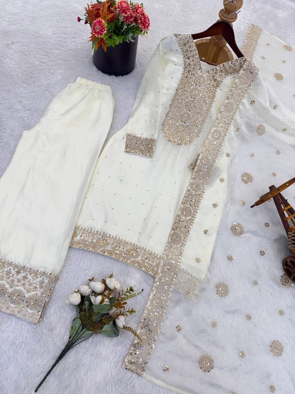 New Presenting Silk White Top Palazzo With Dupatta For Festival Wear