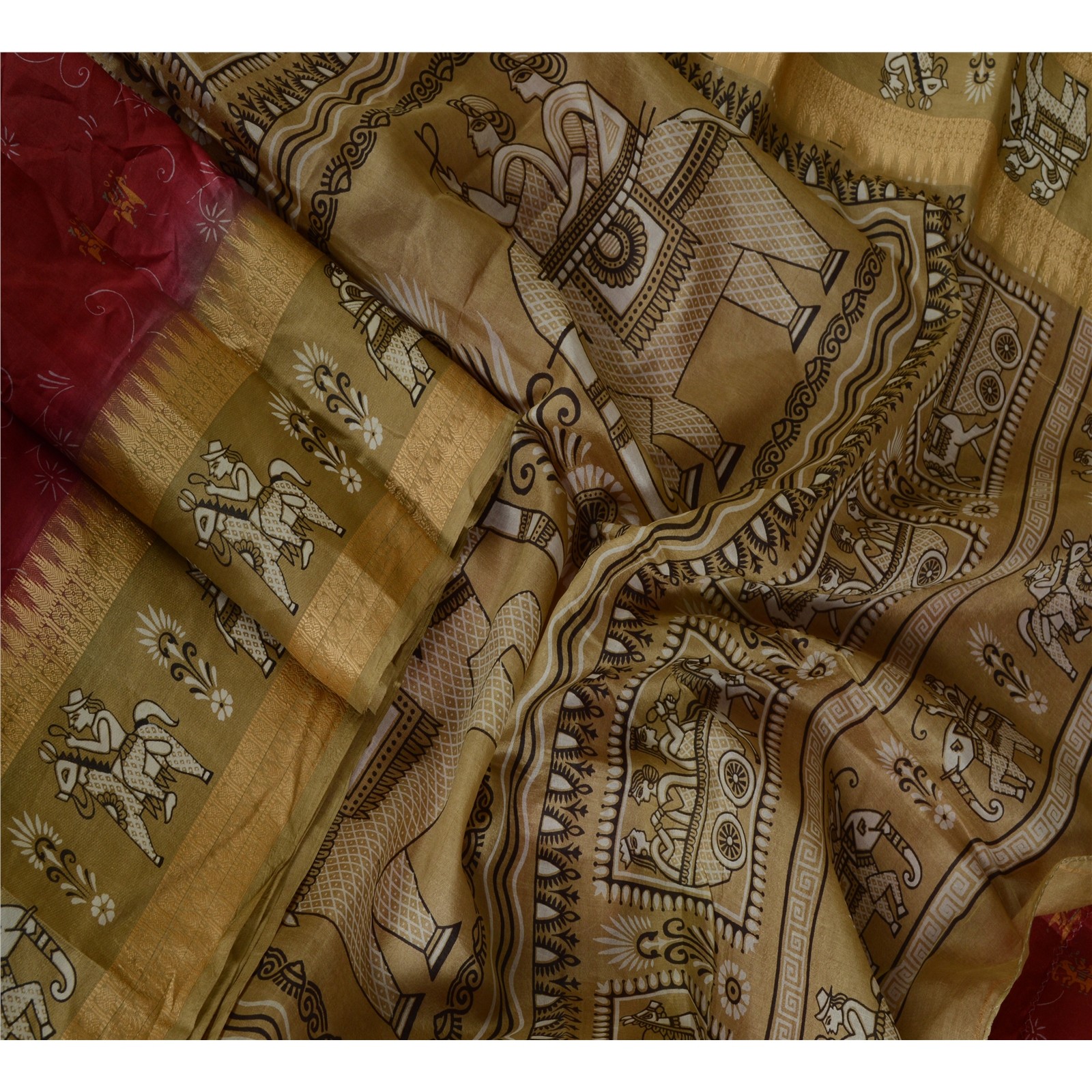 Sanskriti Vintage Sarees Red/Brown Animal Human Printed Pure Silk Sari Fabric