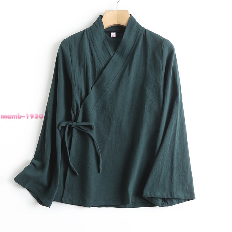Chinese Style Womens Cotton Flared Long Sleeve Hanfu Cross Collar Tie Daily Wear