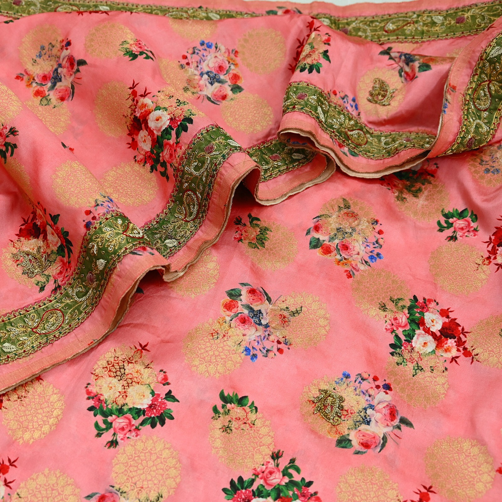 Vintage Peach Sarees Hand Embroidered Woven Brocade Sari Fabric 6Yd Sewing Dabka