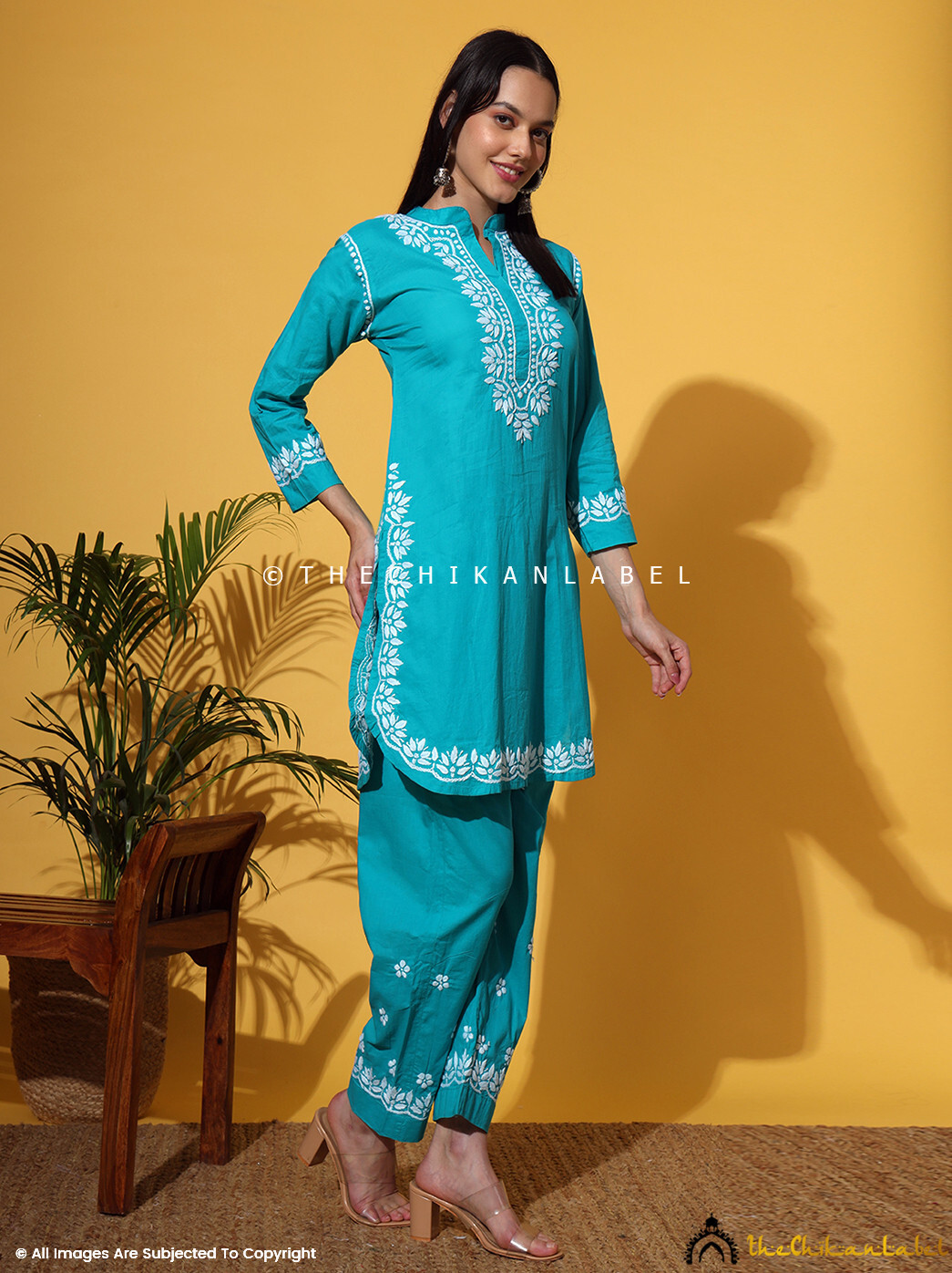 Sea Green Organic Cotton Chikankari Kurta Set Lucknow Chikan Handmade Cord Set