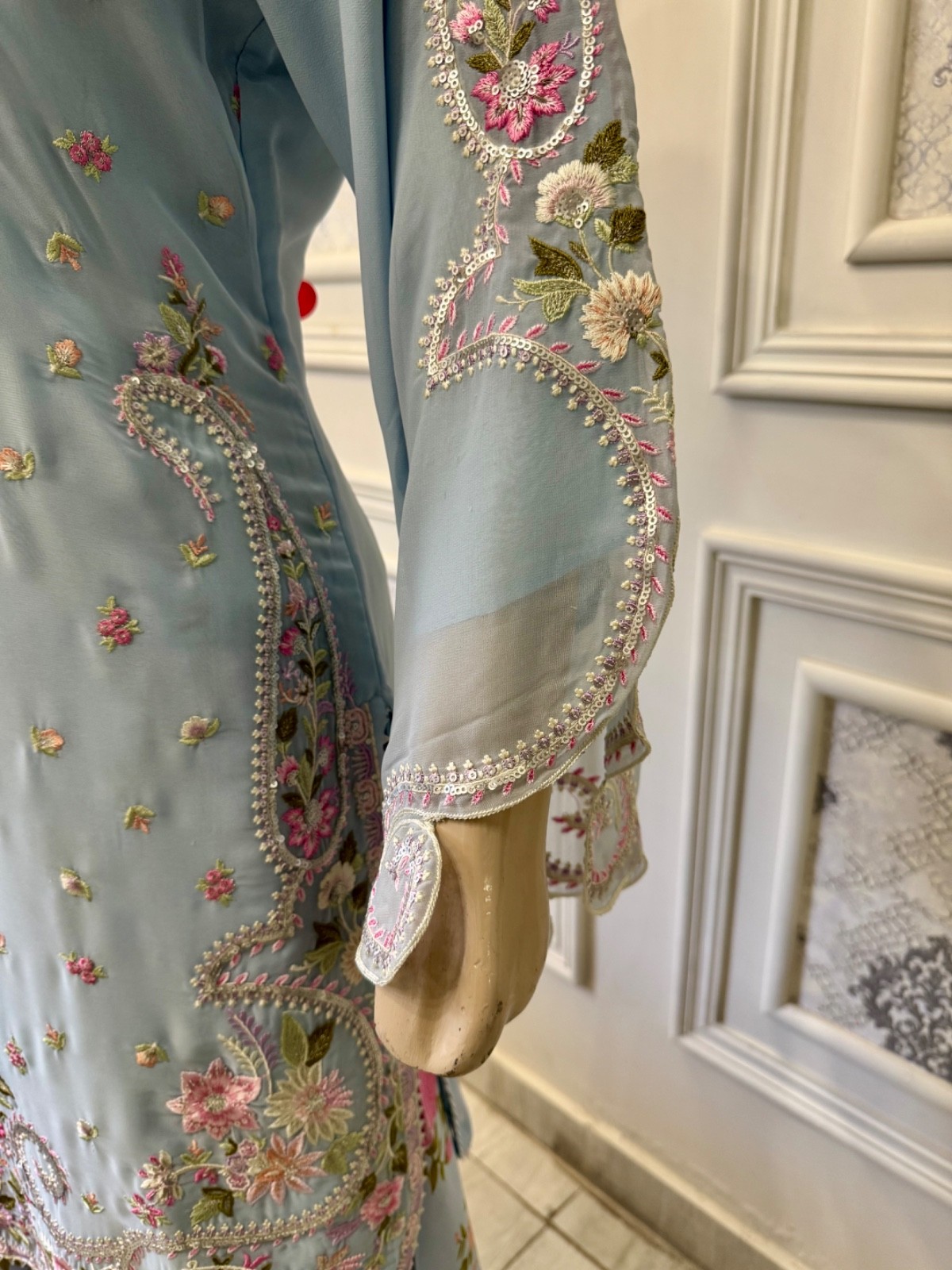 Pakistani Light Blue chiffon & Silk fancy Embroidered Sharara Dress,XL