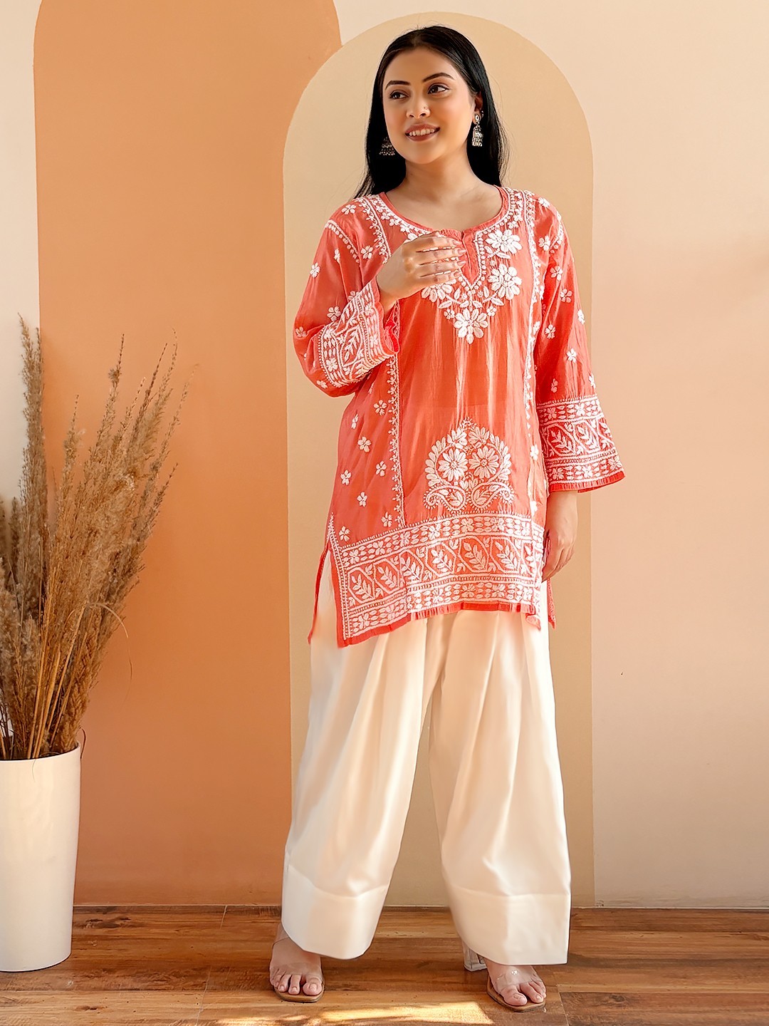 Handmade Orange Chikankari Farshi Salwar Set, Lucknowi Chikankari Salwar Suit