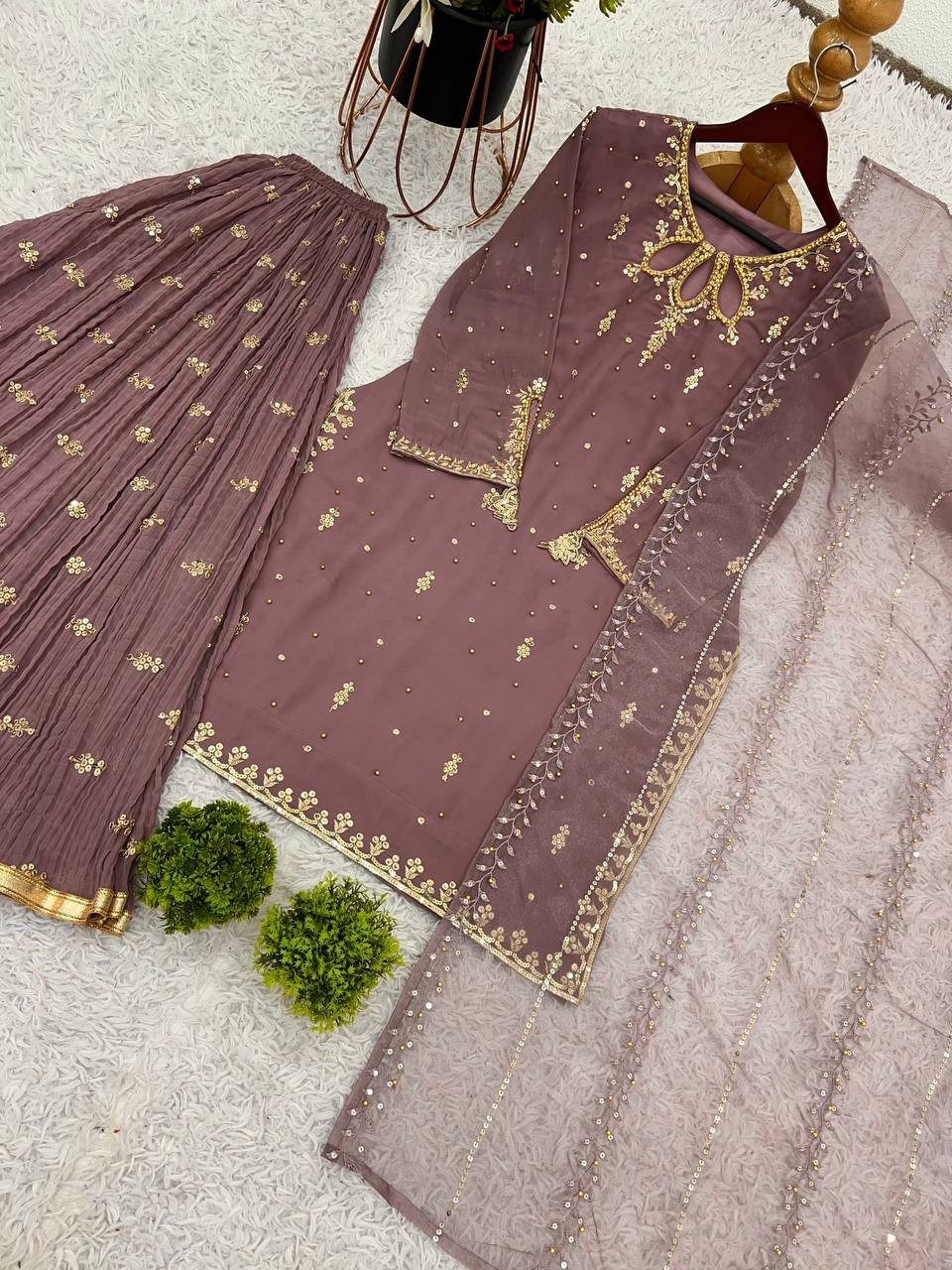 New Stylish Designer Faux Georgette Kurta Palazzo With Dupatta For Party Wear