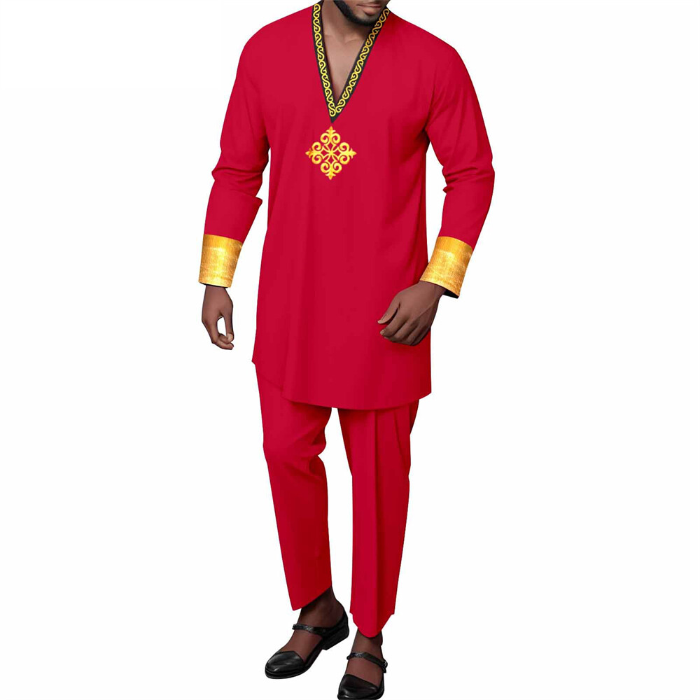 Men’s African 2 Piece Set Traditional Shirt and Pants Set Suit Middle East Suit