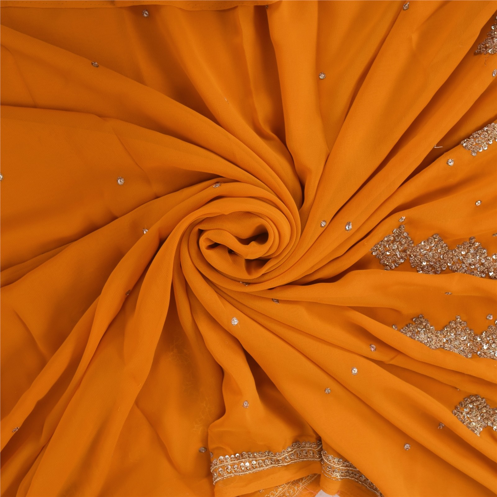 Sanskriti Vintage Sarees Indian Mustard Georgette Hand Beaded Fabric 5+Yd Sari