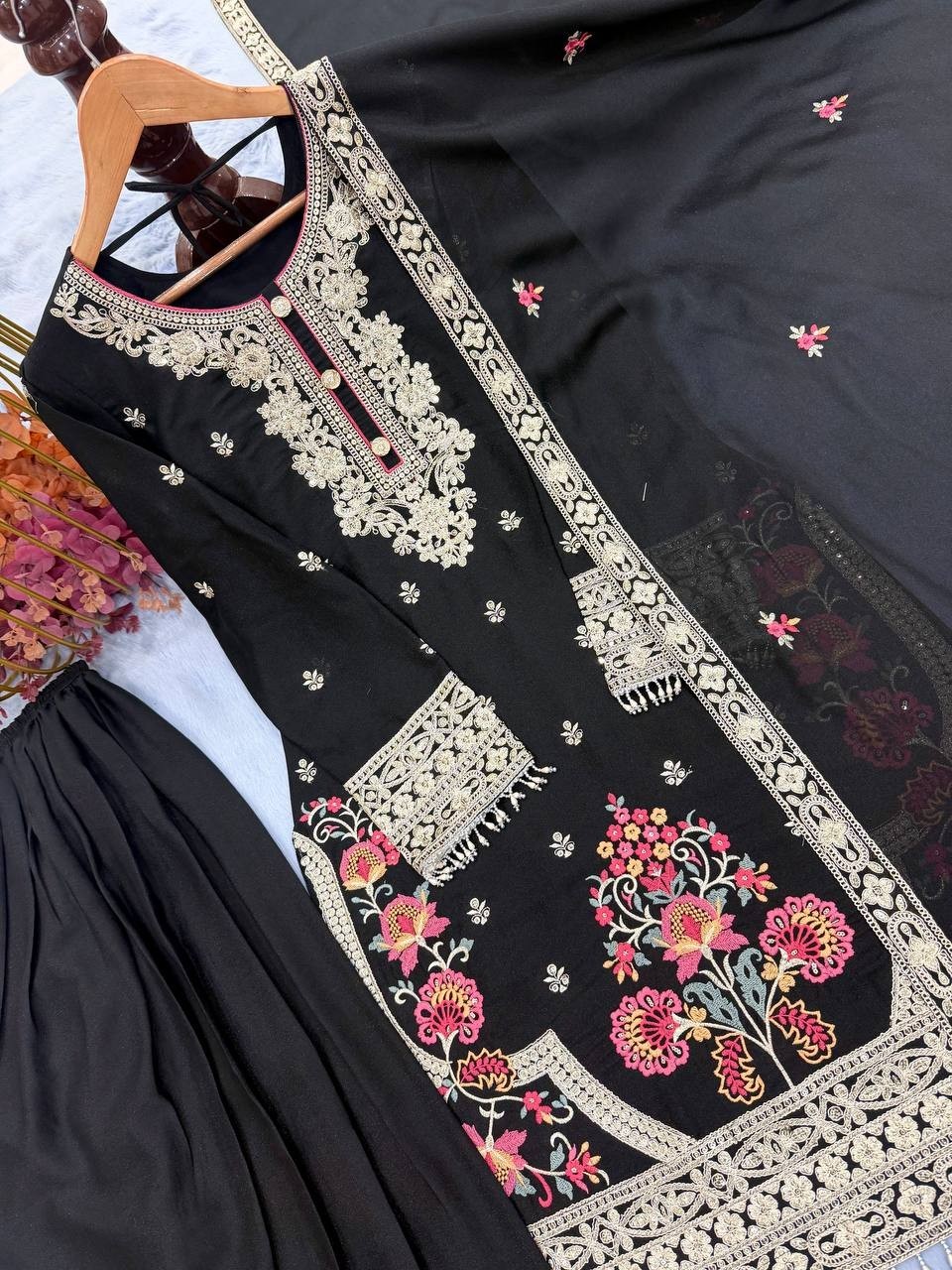Stunning Look Black Star Georgette Kurta Palazzo With Dupatta For Women