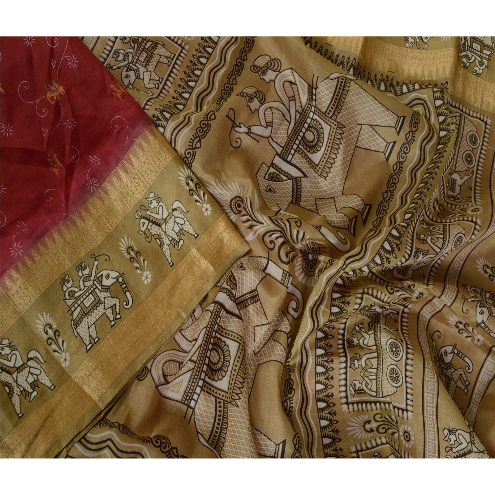 Sanskriti Vintage Sarees Red/Brown Animal Human Printed Pure Silk Sari Fabric
