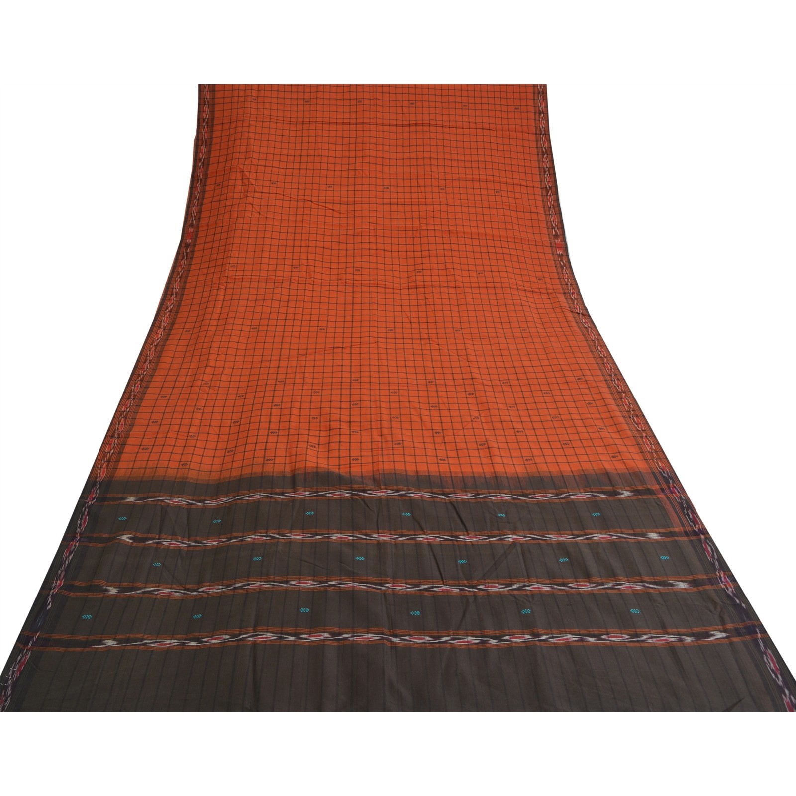 Sanskriti Vintage Rare Saree Ikat Handwoven Blend Cotton Orange Sari 5Yd Fabric