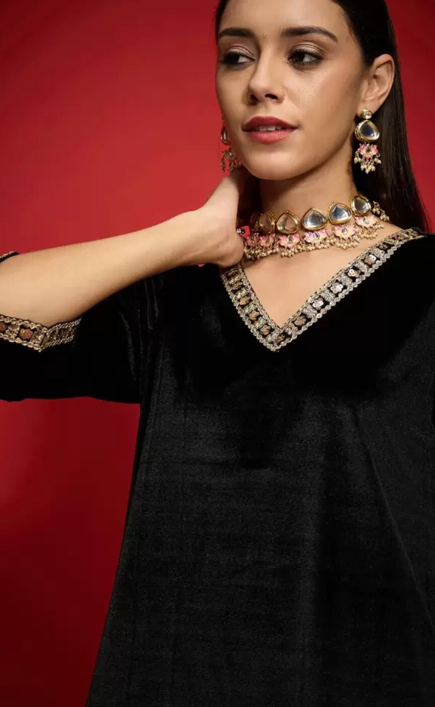 Indian Ethnic wear; Women Solid Zari Lace work Velvet Kurta with Salwar
