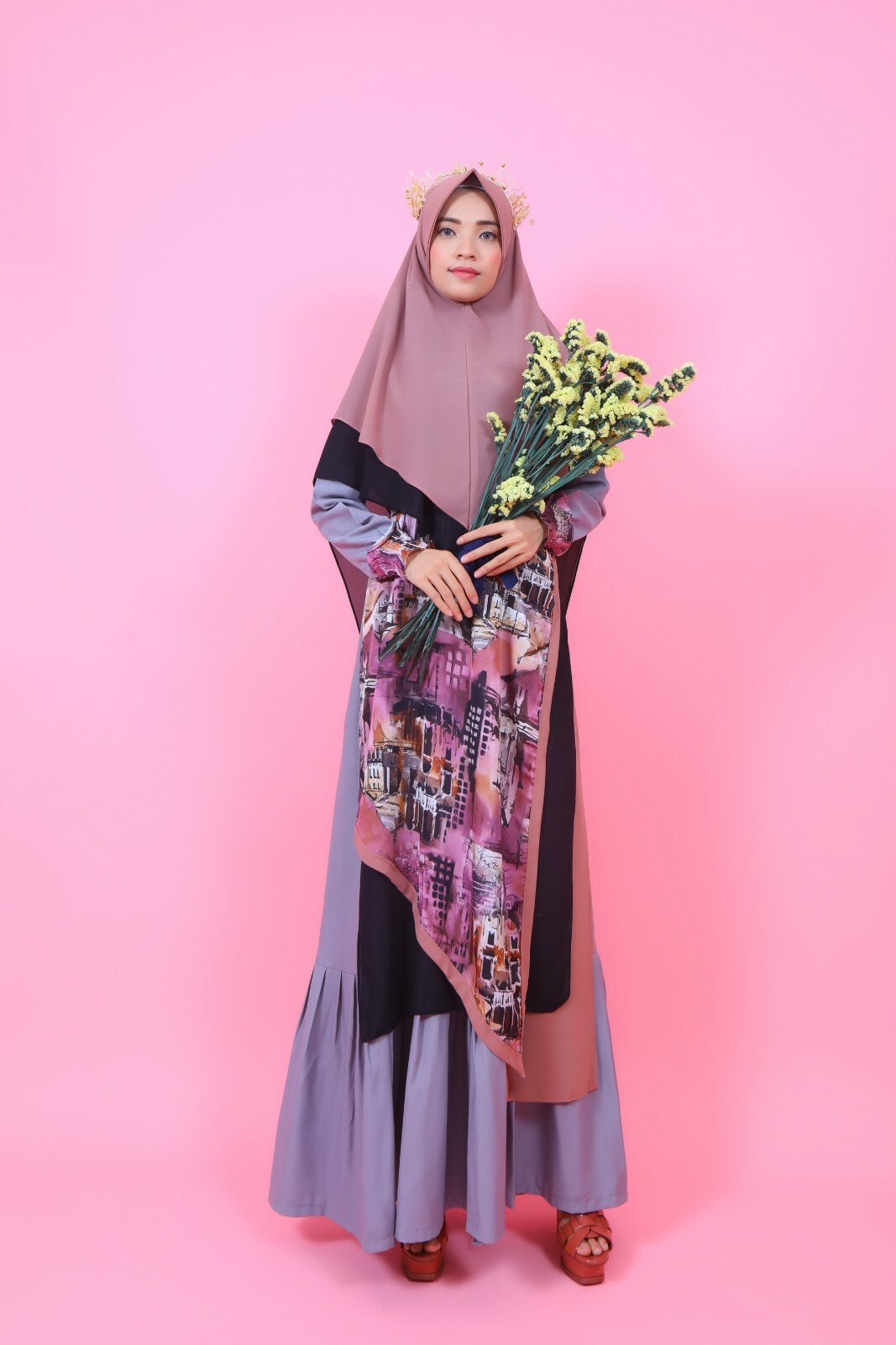 gray print pattern abaya & khimars set,abaya Maxi Dress,Modern hijab girls dress