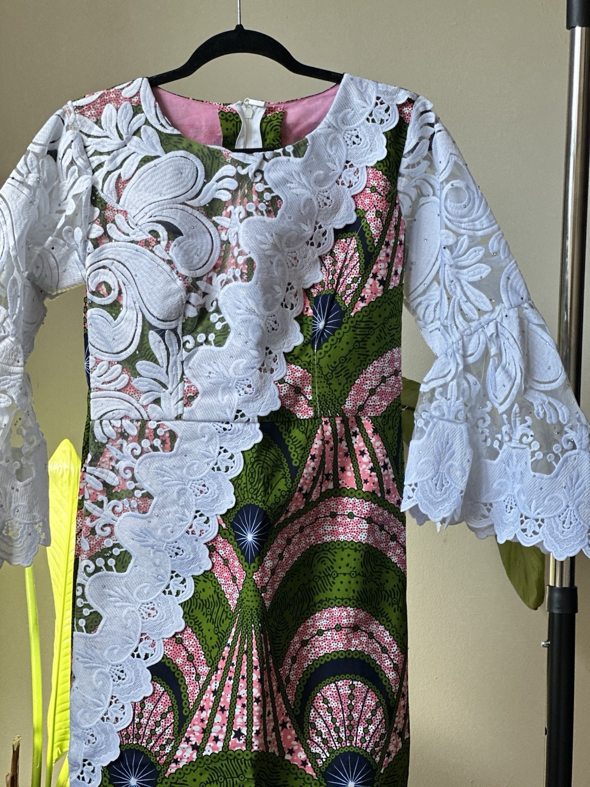 Handmade African Kaftan Dress with White Lace Sleeves Multi-Color for Women M