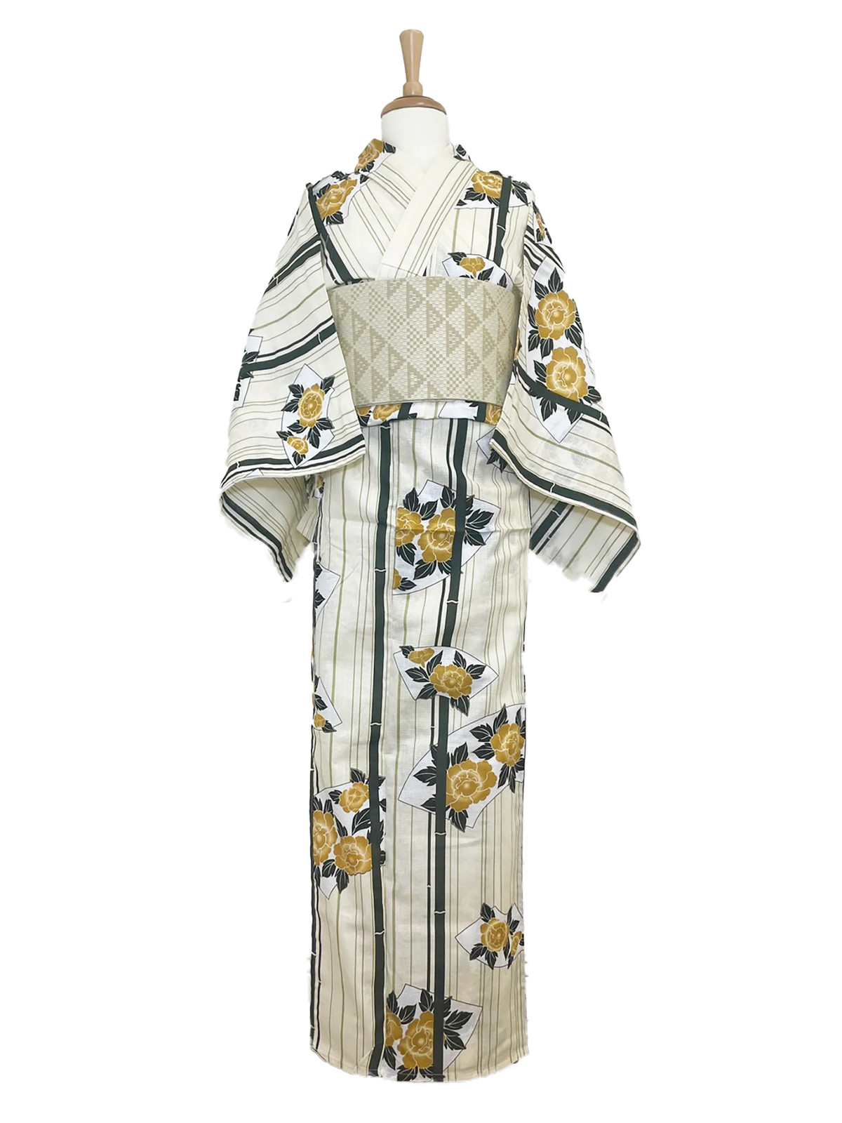 Women’s Cotton Yukata Coordinate Set For Beginners : White, Flowers & Beige Obi