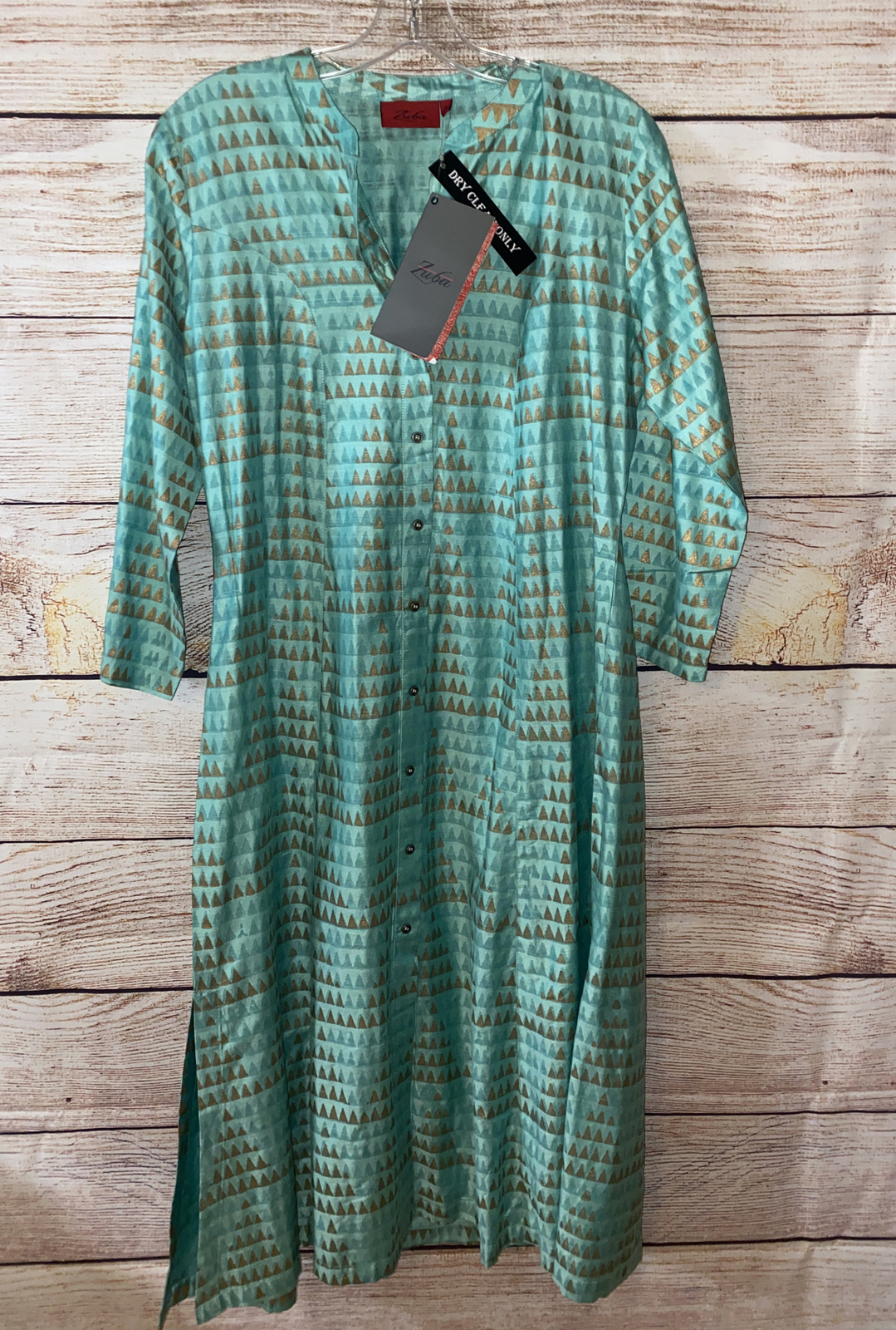 Zuba MIDI Viscose/Silk Kurta Dress Sz M Green Gold Metallic Print Button Down