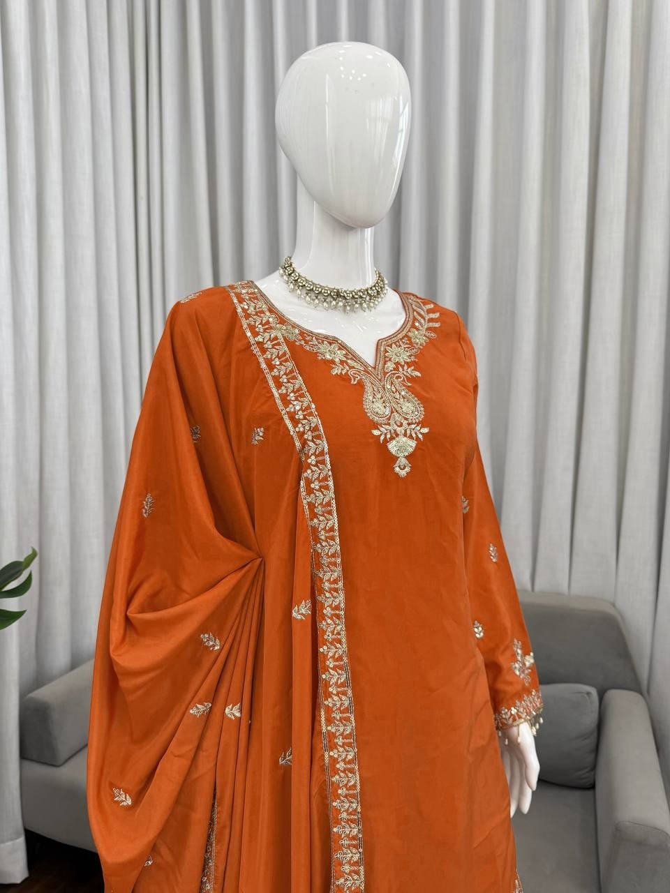 Natural Crepe Orange Top Palazzo With Dupatta For Indian Wedding Wear