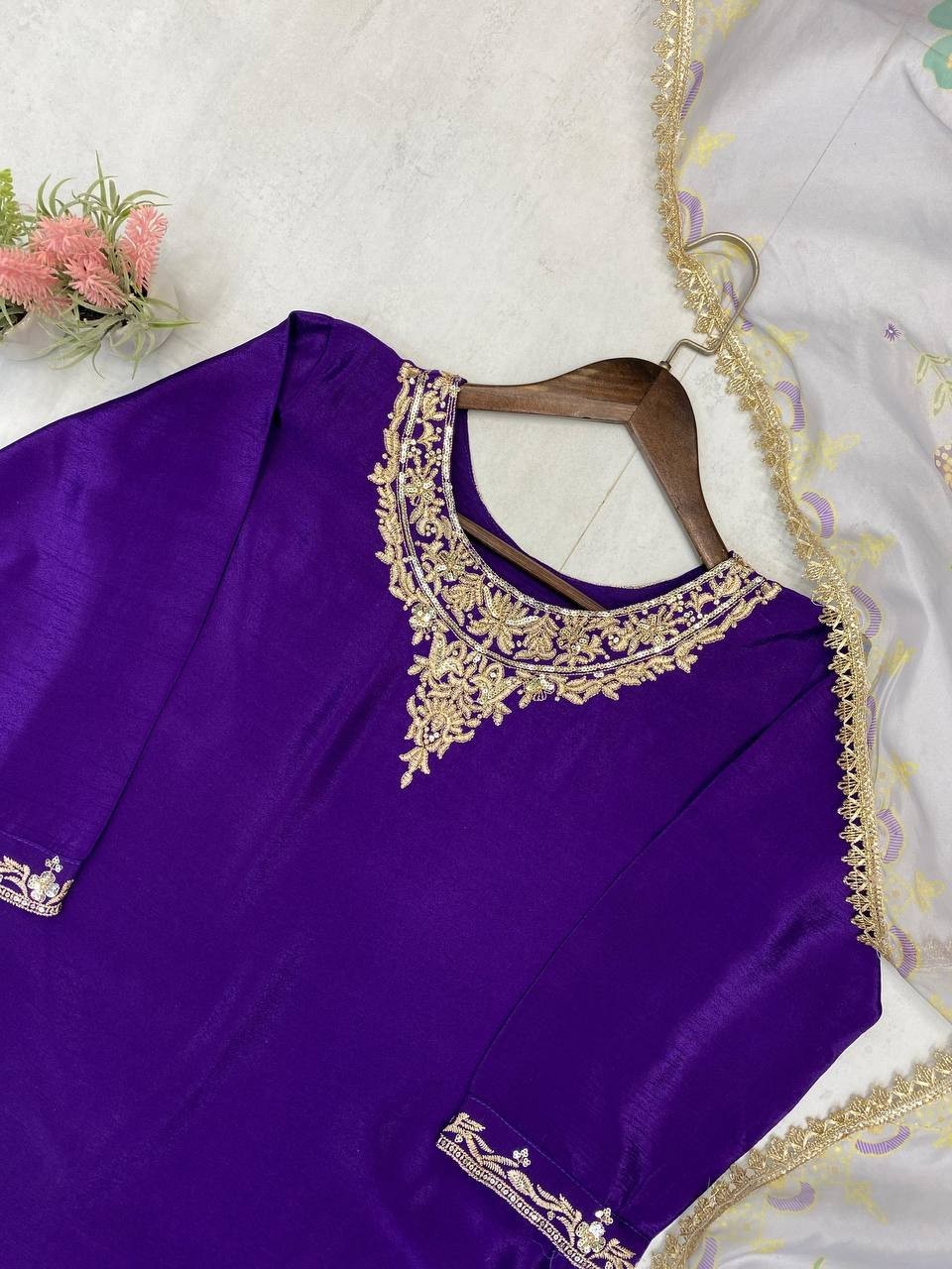Readymade Chinon Purple Top Palazzo With Dupatta For Women Festival Wear