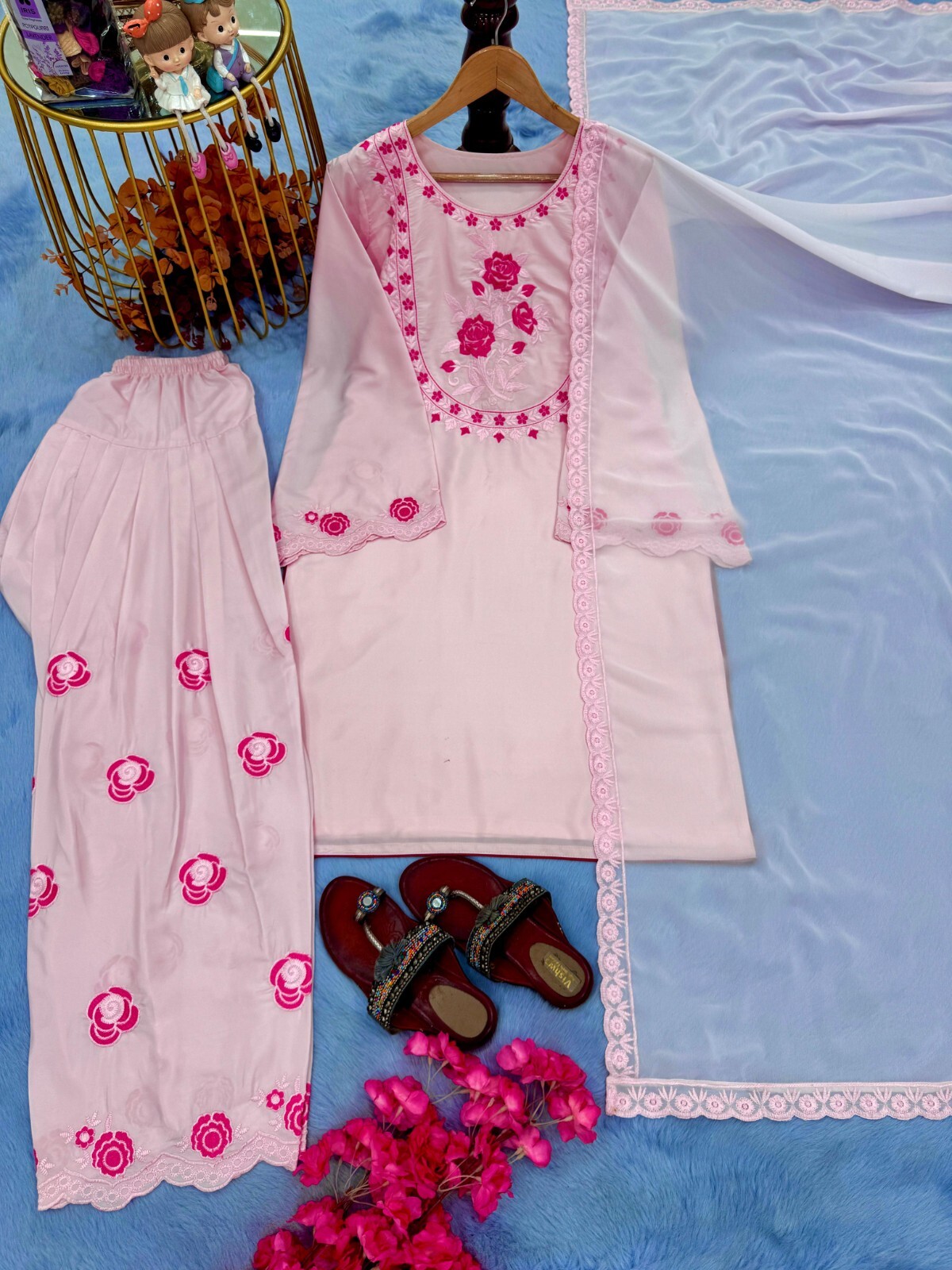 Beautiful Pink Silk Salwar Kameez With Faux Georgette Dupatta For Women