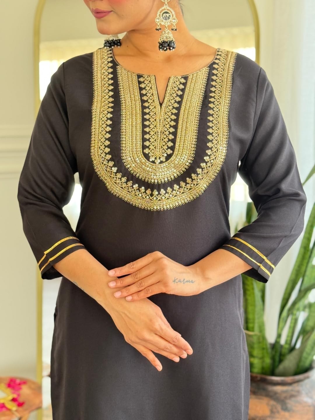 Women’s Black Embroidered Cotton Slub Fabric Straight Kurta, Pant and Dupatta