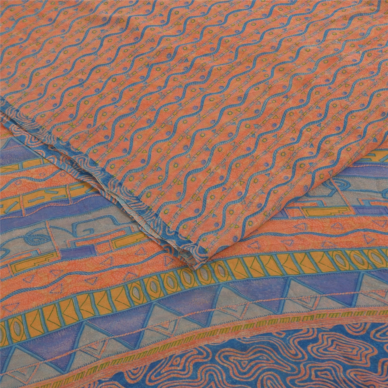 Sanskriti Vintage Sarees Pure Georgette Peach & Blue Printed Sari 5+Yd Fabric