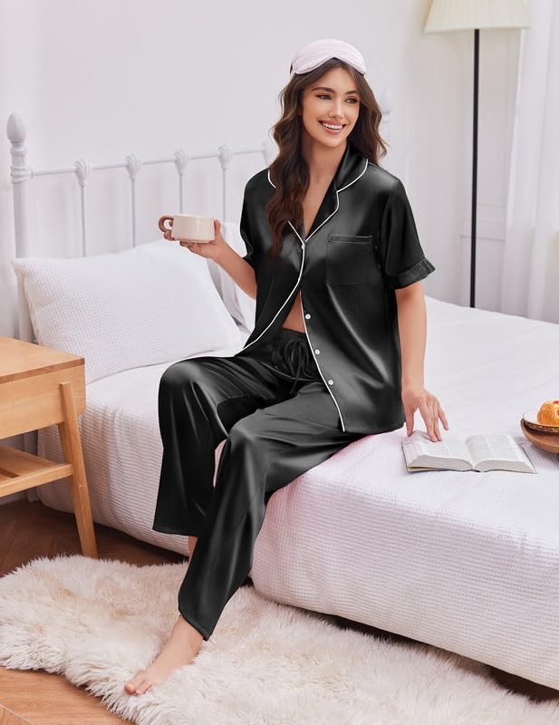 Silk Satin Pajamas for Women Set 2 Piece Short Sleeve Large Classic Black
