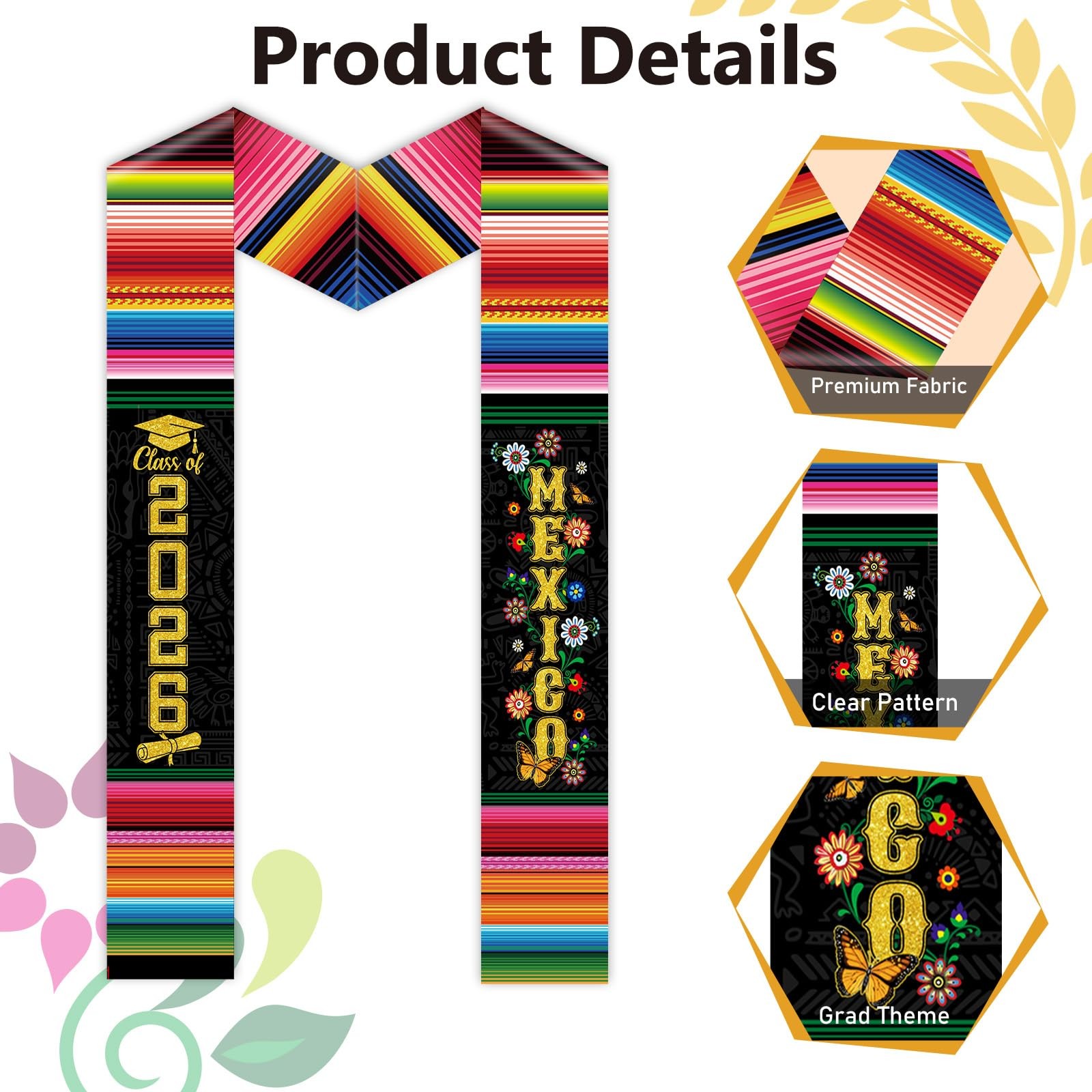 Class Of 2026 Mexican Graduation Stole Mexico Floral Serape Sash Gold Tassel