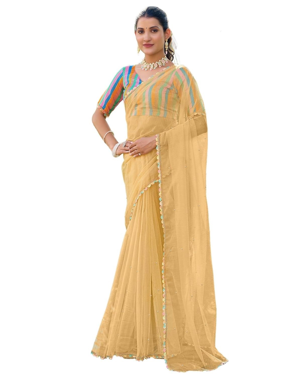 Women’s Net Pearl Work Saree With Unstitched Blouse Piece